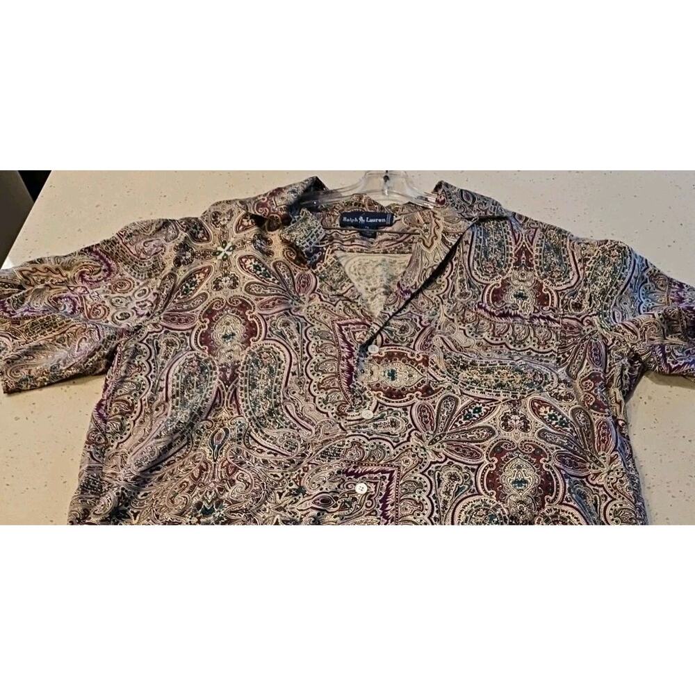 Ralph Lauren Women Sz 14 Multi Color Geometric Short Sleeve Blouse Rayon VTG